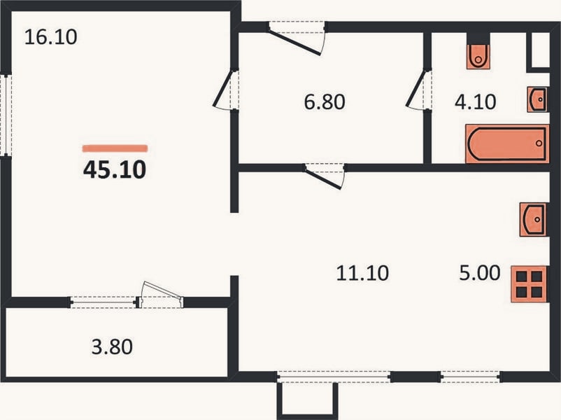 Планировка: 1-к, 45,1 м²