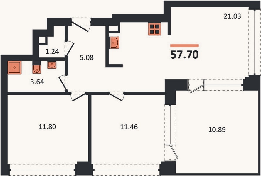 Планировка: 2-к, 57,7 м²