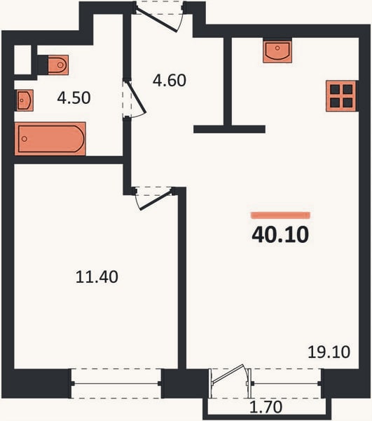 Планировка: 1-к, 40,1 м²