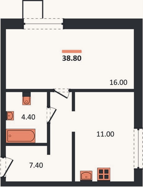 Планировка: 1-к, 38,8 м²