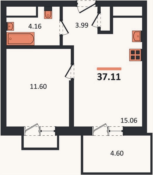 Планировка: 1-к, 37,1 м²