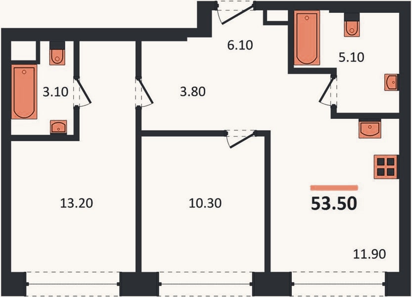 Планировка: 2-к, 54,4 м²