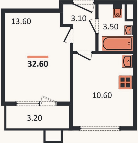Планировка: 1-к, 32,6 м²