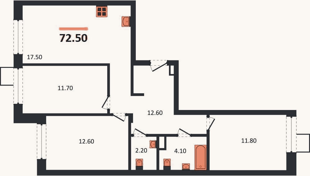 Планировка: 3-к, 72,5 м²