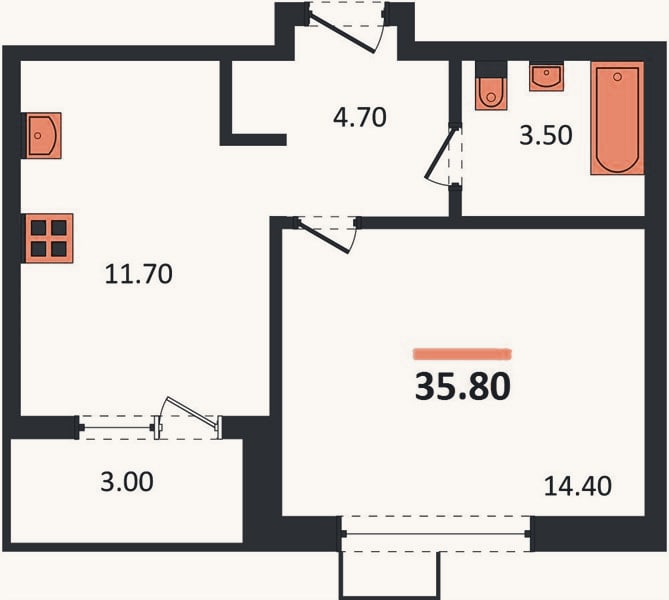 Планировка: 1-к, 35,8 м²