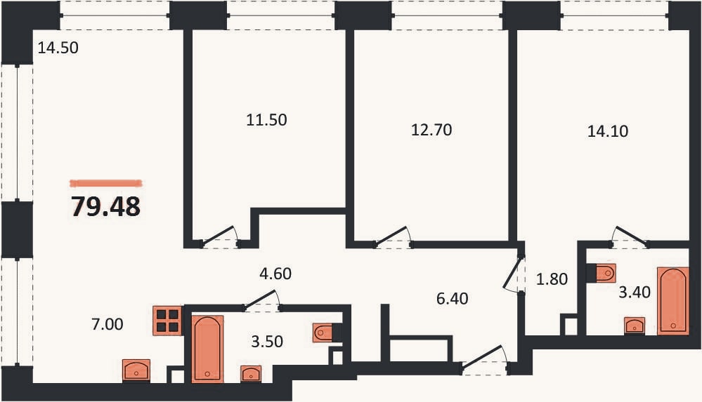 Планировка: 3-к, 79,5 м²