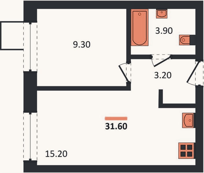 Планировка: 1-к, 31,6 м²