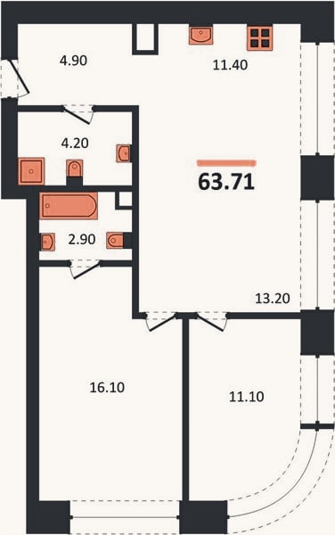 Планировка: 2-к, 63,7 м²