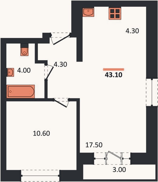 Планировка: 1-к, 43,1 м²