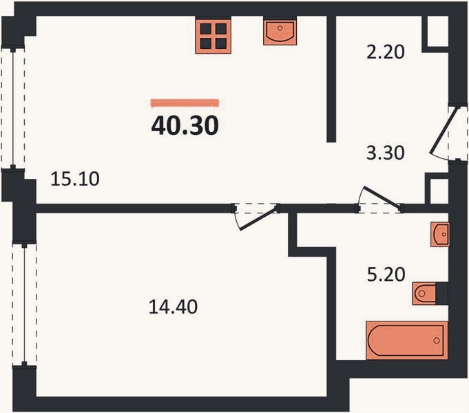 Планировка: 1-к, 40,3 м²