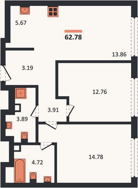 Планировка: 2-к, 62,8 м²