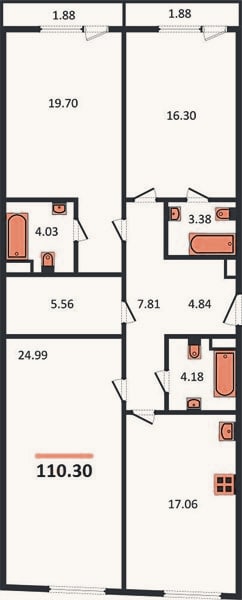 Планировка: 3-к, 110,2 м²