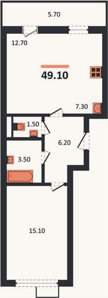Планировка: 1-к, 49,1 м²
