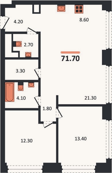 Планировка: 2-к, 71,7 м²