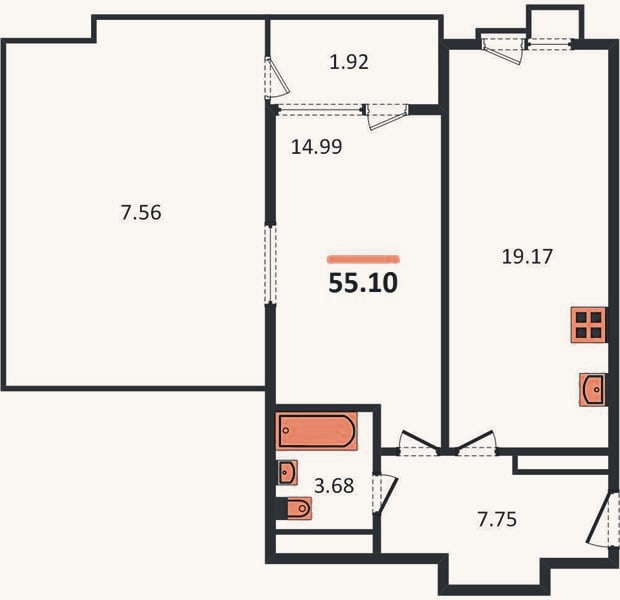 Планировка: 1-к, 55,1 м²