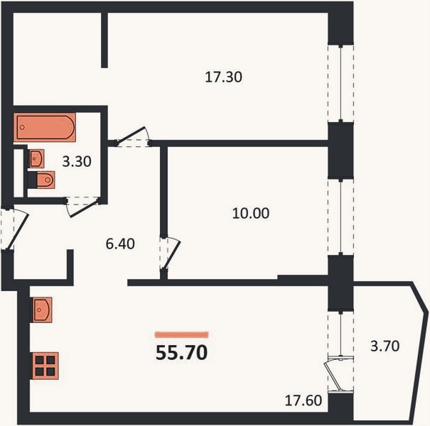 Планировка: 2-к, 55,7 м²