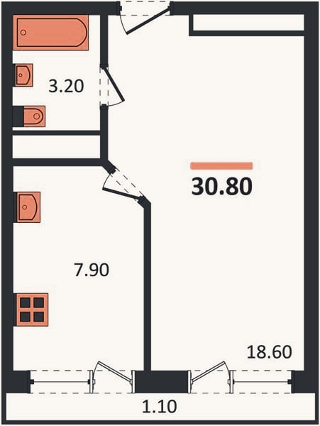 Планировка: 1-к, 30,8 м²