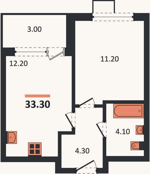 Планировка: 1-к, 33,3 м²