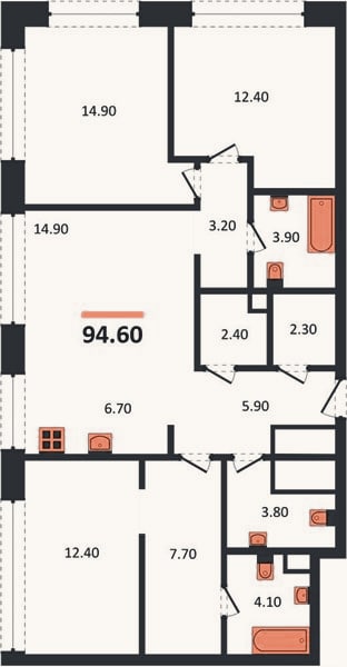 Планировка: 3-к, 94,6 м²