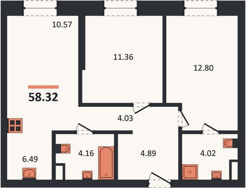Планировка: 2-к, 58,3 м²