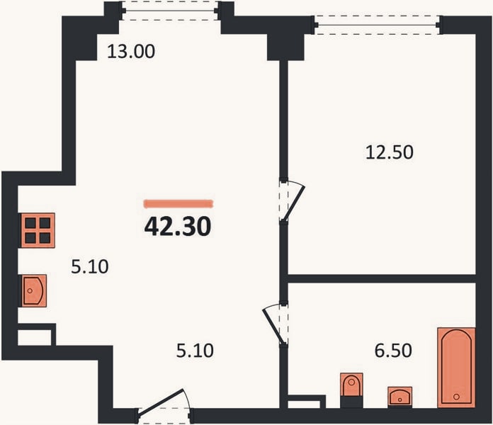Планировка: 1-к, 42,3 м²