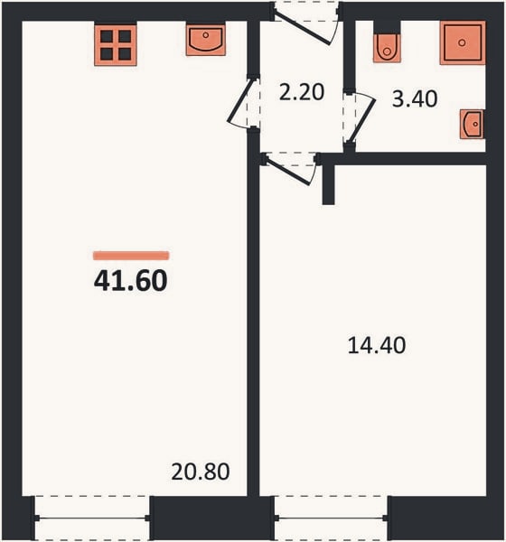 Планировка: 1-к, 41,6 м²