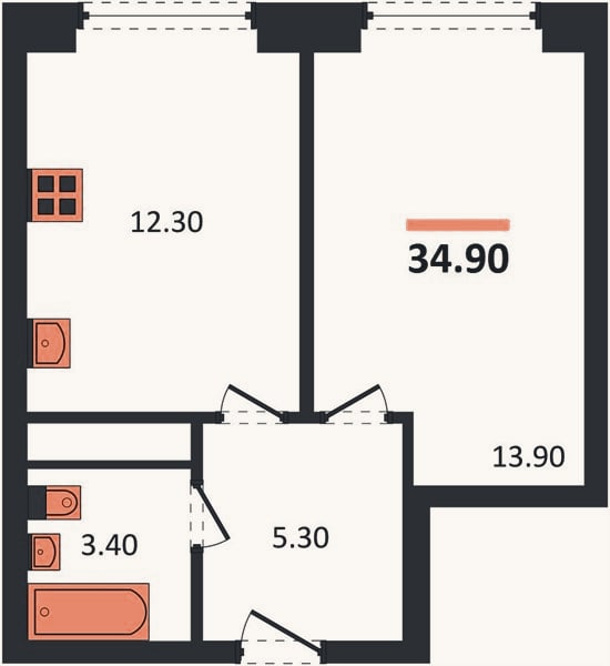 Планировка: 1-к, 34,9 м²