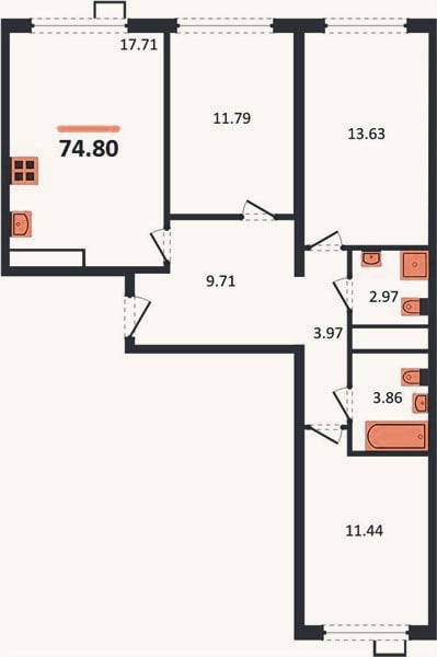 Планировка: 3-к, 74,8 м²