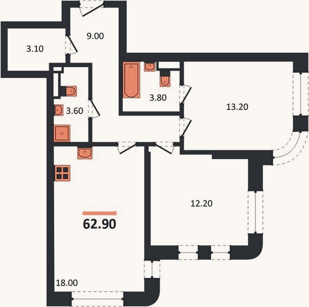 Планировка: 2-к, 62,9 м²