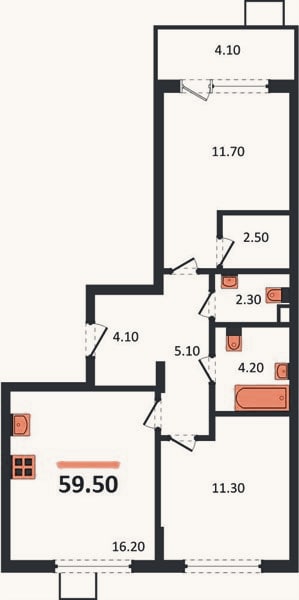 Планировка: 2-к, 59,5 м²