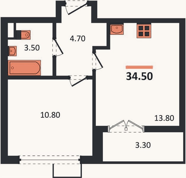 Планировка: 1-к, 34,5 м²
