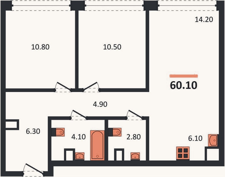 Планировка: 2-к, 60,1 м²