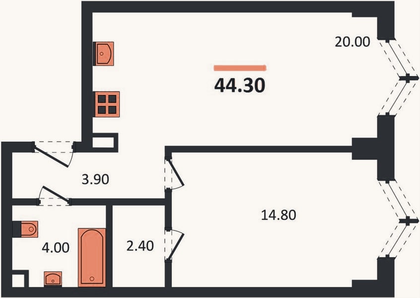 Планировка: 1-к, 44,3 м²