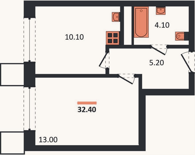 Планировка: 1-к, 32,4 м²