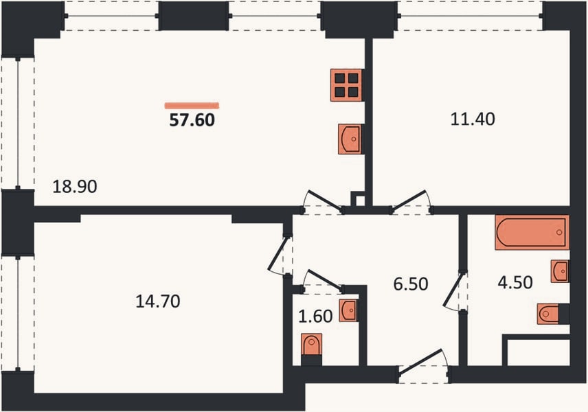 Планировка: 2-к, 57,6 м²