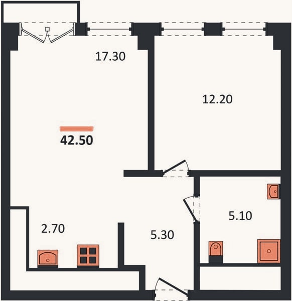 Планировка: 1-к, 42,5 м²