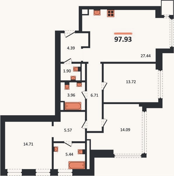 Планировка: 3-к, 97,9 м²