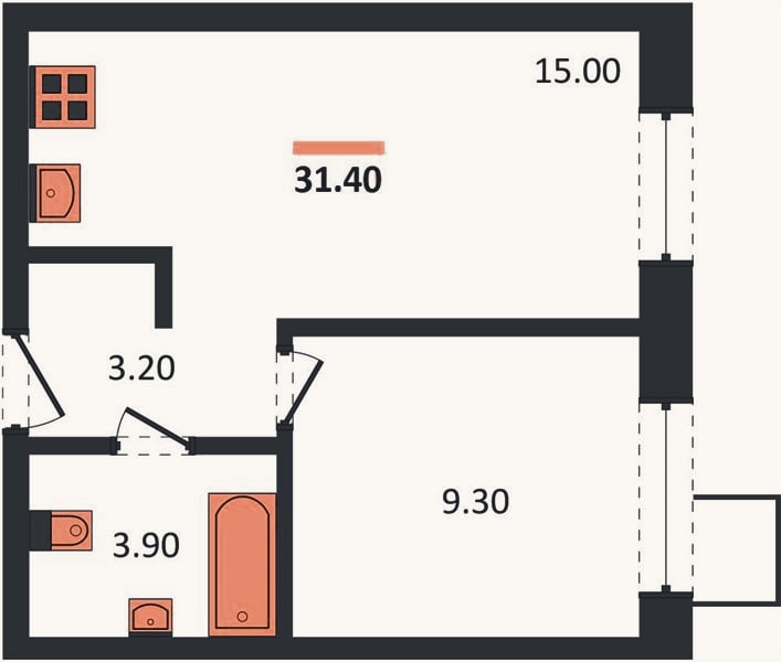Планировка: 1-к, 31,4 м²