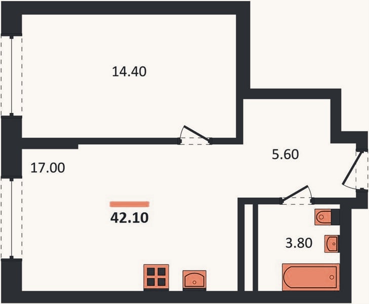 Планировка: 1-к, 42,1 м²