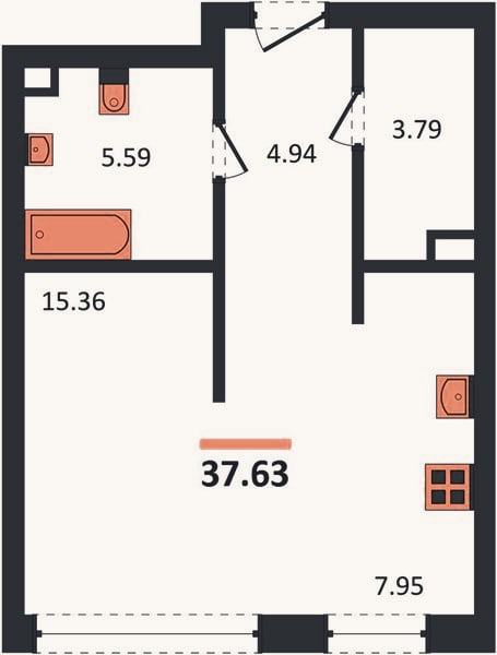 Планировка: Студия, 37,6 м²