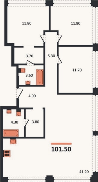 Планировка: 3-к, 101,5 м²