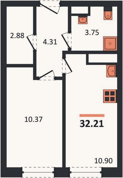 Планировка: 1-к, 32,2 м²