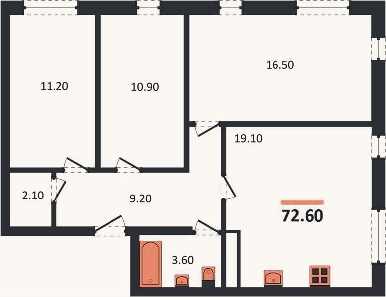 Планировка: 3-к, 72,6 м²