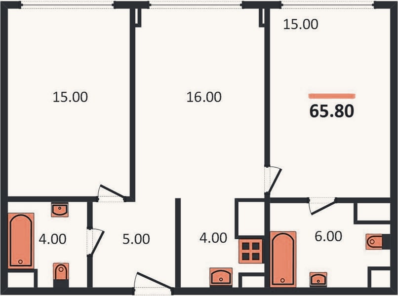 Планировка: 2-к, 65,8 м²