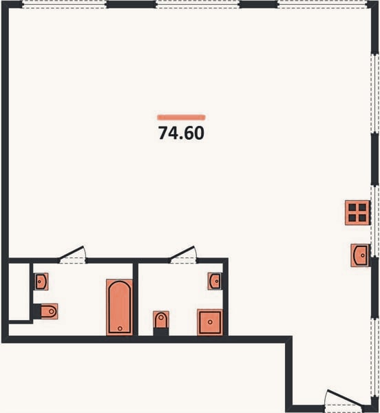 Планировка: 2-к, 74,6 м²