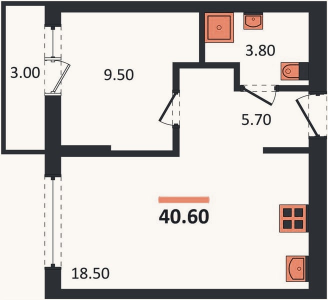 Планировка: 1-к, 40,6 м²