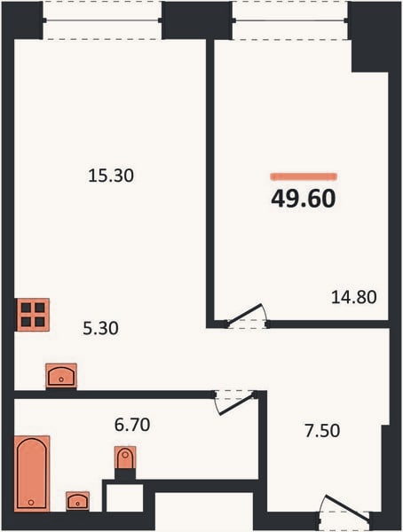 Планировка: 1-к, 49,6 м²