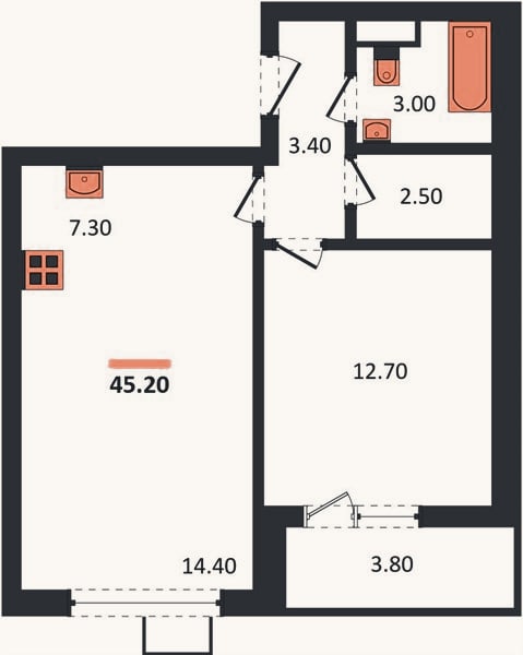 Планировка: 1-к, 45,2 м²