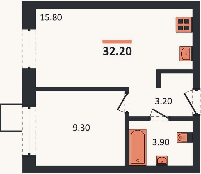 Планировка: 1-к, 32,2 м²