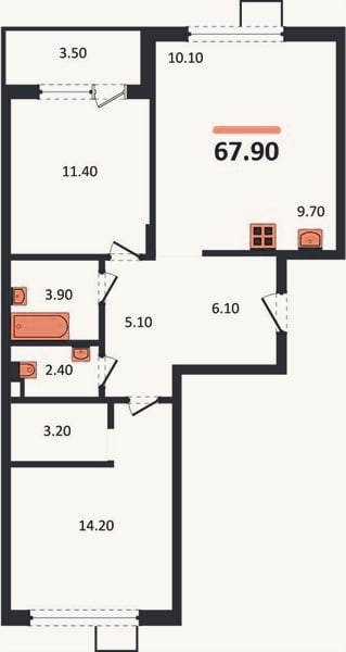 Планировка: 2-к, 67,9 м²